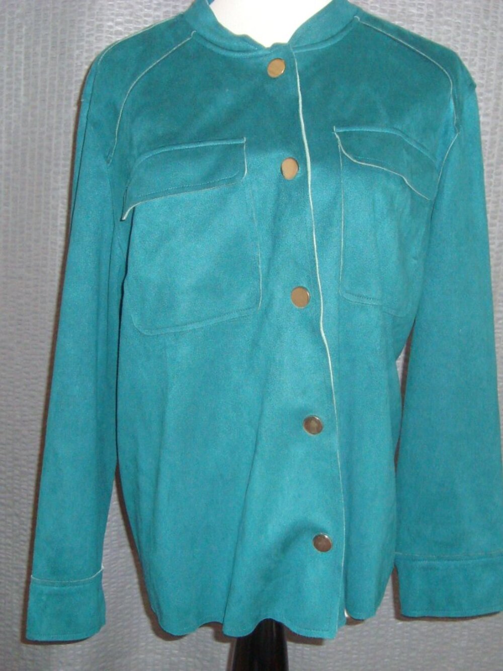 Chico's Faux Suede Jacket‎ Womens 3P (XLP) Teal Gold Snap Button Mock Neck